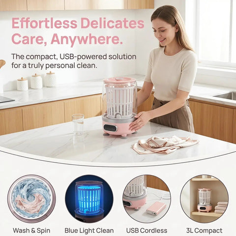 Zero Drama Portable Usb Rechargeable Mini Underwear Washer Slick Compact 3L Personal Turbo Laundry Machine on a countertop with pink design.