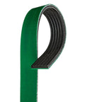 Close-up of a green six rib serpentine drive belt for a beefy, smooth power transmission, EPDM accessory strap, direct fit OE replacement.