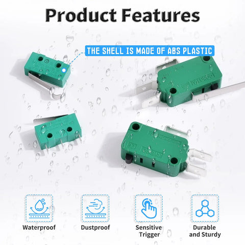 Four Pack KW3-OZ-0 Micro Limit Switches 16A 125VAC/250VAC shown in ABS plastic with waterproof feature.