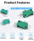 KW4-3Z-3 Micro Limit Switches in ABS plastic highlighting waterproof, dustproof, and durability features, set of four.