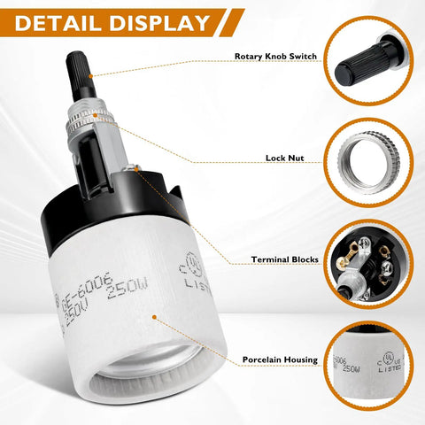 Porcelain Lamp Socket With Rotary Knob Switch Built Tough High Temperature Resistant UL Listed 250V 250W direct replacement, white housing