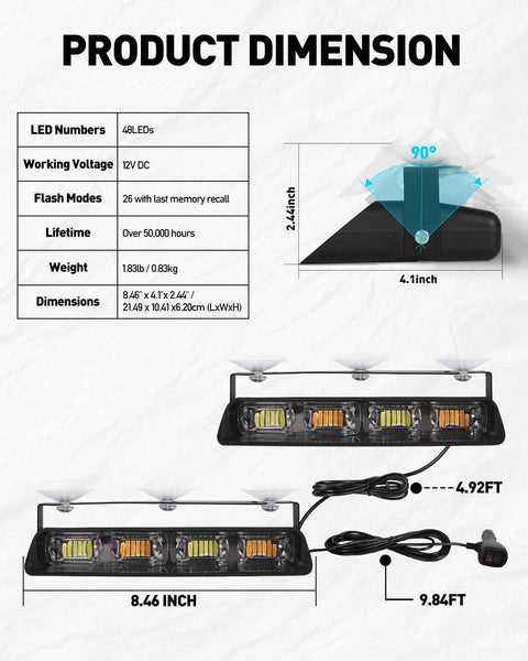 Boss Level Amber White Emergency Dash Strobe Light Bar For Trucks And Construction Vehicles Windshield Visor Mount 48 Led Warning Hazard Flashing Lights Keep Your Fleet Secure On The Road Daily