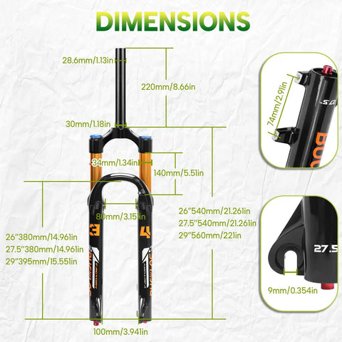 Front MTB Fork With 140mm Travel, 34mm Stanchions, Rebound Adjust And Lockout, dimensions illustration