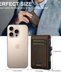 Man holding Slim Genuine Leather Wallet For Men With RFID Blocking, Minimalist Front Pocket Design, measured next to a smartphone