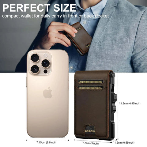 Man holding Slim Genuine Leather Wallet For Men With RFID Blocking, Minimalist Front Pocket Design, measured next to a smartphone