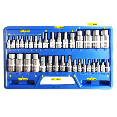 Heavy Duty Hex Bit Socket Set With Allen Wrench Kit for Ratchet Tools SAE and Metric Drive in plastic storage case