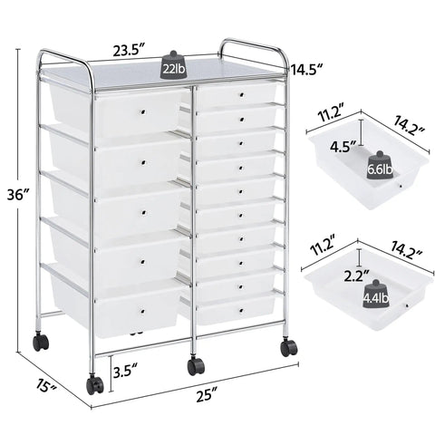 15 Drawer Rolling Storage Cart On Wheels With Two Drawer Sizes White Go To Multi Purpose Mobile Organizer For Craft Supplies Scrapbook Paper Tools Home Office Garage, dimensions and weight labels displayed.