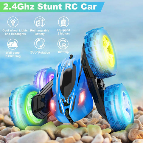 Remote Control Car 2.4GHz 4WD Brushless Monster Truck With 360 Degree Rotating Stunts, glowing tires on rocky beach