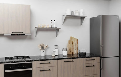 Stainless Steel Wall Shelf 24 Inch Long 12 Inch Deep With Bullnose Edge And 1 Inch Backsplash in modern kitchen setting