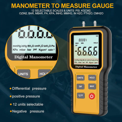 Digital Manometer For HVAC Dual Port Air Pressure Meter Handheld Gauge For Single Or Differential Pressure, Measures Air Pressure And Temperature, Pro Grade Troubleshooting Tool For Ductwork, Ventilation, And Lab Testing. handheld digital manometer with backlit LCD and dual ports