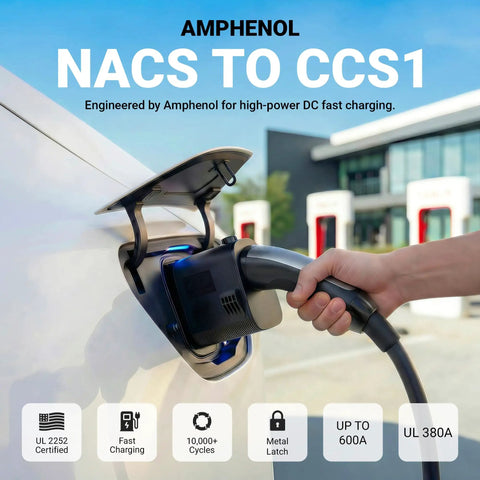 Legit Ul 2252 Certified Nacs To Ccs1 Adapter connected to EV for fast charging, featuring secure interlock and high power.