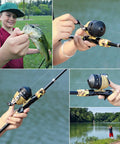 Kids Fishing Rod And Reel Combo Lightweight Telescopic Pole With Spincast Reel Tackle Bag Lures For Youth Beginners Great Starter Fishing Kit For Boys And Girls 2 Pack shown in use by a boy catching fish by a lake.