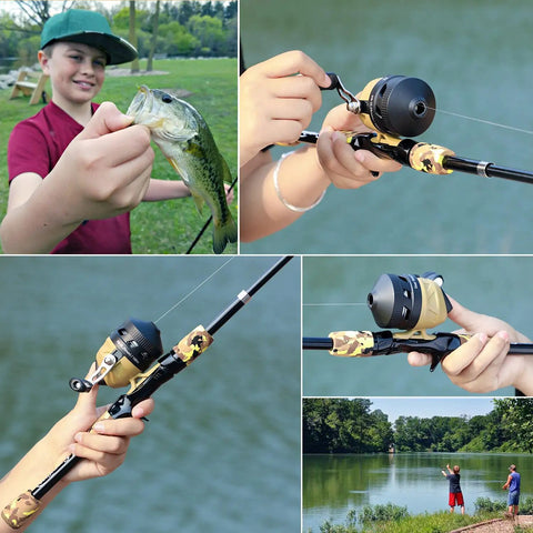 Kids Fishing Rod And Reel Combo Lightweight Telescopic Pole With Spincast Reel Tackle Bag Lures For Youth Beginners Great Starter Fishing Kit For Boys And Girls 2 Pack shown in use by a boy catching fish by a lake.