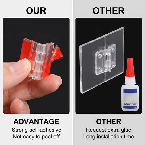 20 Pack Acrylic Self Adhesive Clear Mini Hinges For Crafts And DIY Projects, showing adhesive back and comparison with glue