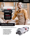 Heavy Duty 10 Inch Benchtop Wood Jointer Featuring Spiral Cutterhead And Cast Iron Table With Pull Out Extensions Plus Four Sided Carbide Inserts For Zero Hassle Smooth Finishes alongside operator in woodworking workshop.