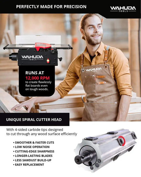 Heavy Duty 10 Inch Benchtop Wood Jointer Featuring Spiral Cutterhead And Cast Iron Table With Pull Out Extensions Plus Four Sided Carbide Inserts For Zero Hassle Smooth Finishes alongside operator in woodworking workshop.