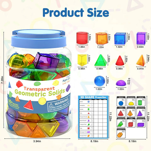 60-Piece Kid-Friendly 3D Shapes For Kids Translucent Geometric Set For Light Table Play And STEM Learning with size chart