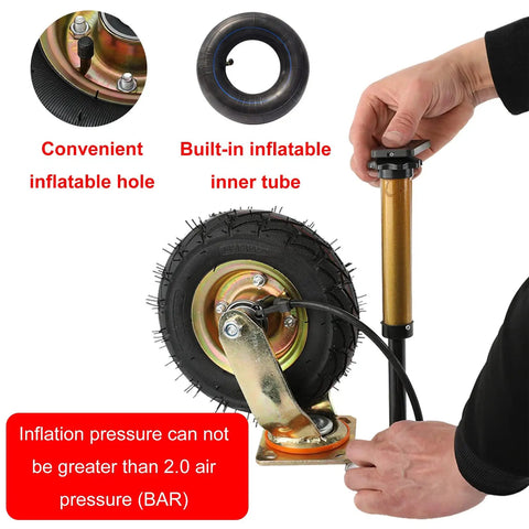Heavy Duty Pneumatic Rubber Caster Wheels Double Ball Bearing Silent Swivel showing inflatable inner tube and inflation mechanism.