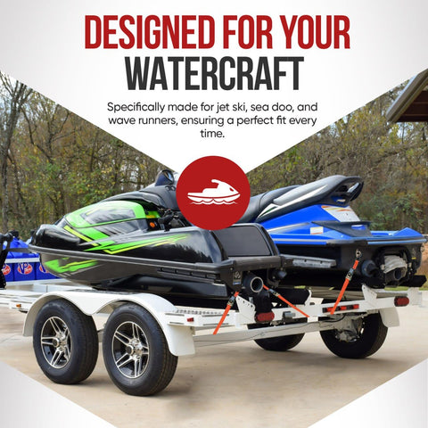 Jet ski secured with 3 Point Tie Down Ratchet Strap For Jet Ski Sea Doo And WaveRunner Transom Straps Heavy Duty Polyester Webbing