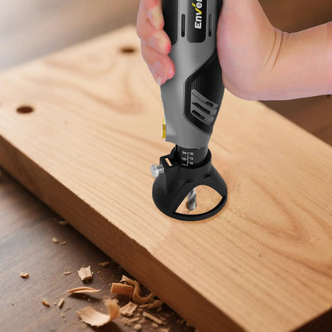 Beast 130W Corded Rotary Tool Kit with 204 Piece Accessory Set in action drilling into wood, ergonomic grip visible