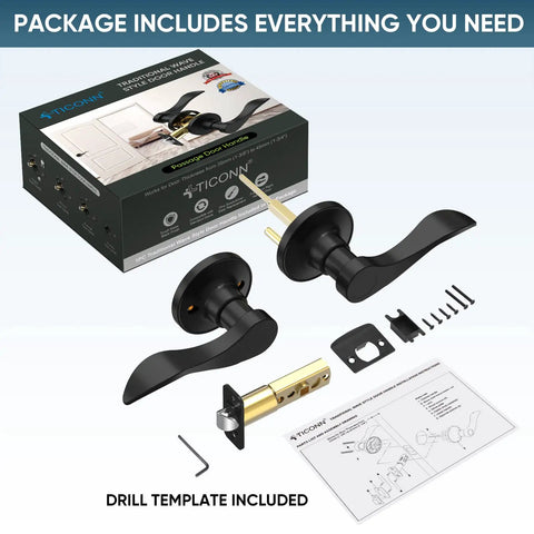 Traditional Wave Style Reversible Door Lever Set for Interior Doors and Closets, Matte Black Privacy Finish, package contents
