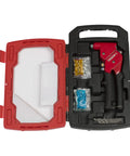 Swivel Head One-Hand Rivet Gun Kit For Metal And Auto Repair Easy Grip Manual Riveter Set with case, includes rivets and drill bits.