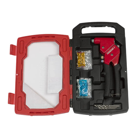 Swivel Head One-Hand Rivet Gun Kit For Metal And Auto Repair Easy Grip Manual Riveter Set with case, includes rivets and drill bits.