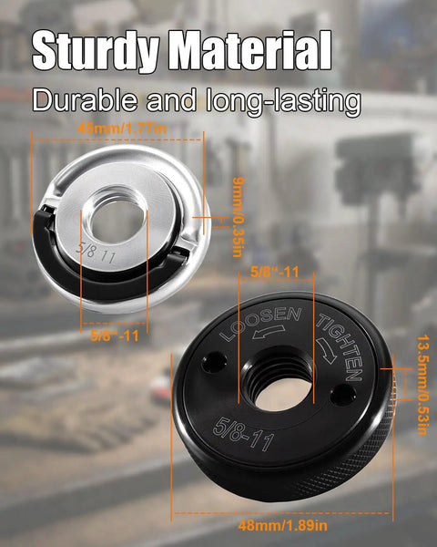Heavy Duty Self Locking 5/8-11 Angle Grinder Flange Nuts 2-Pack With Quick Release No Wrench Locking Kit showcased in silver and black.