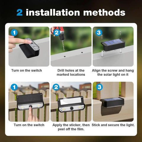 2 installation steps for Solid Solar Fence Lights Outdoor Deck Waterproof Warm White Glow 8 Pack, showing connection and setup.