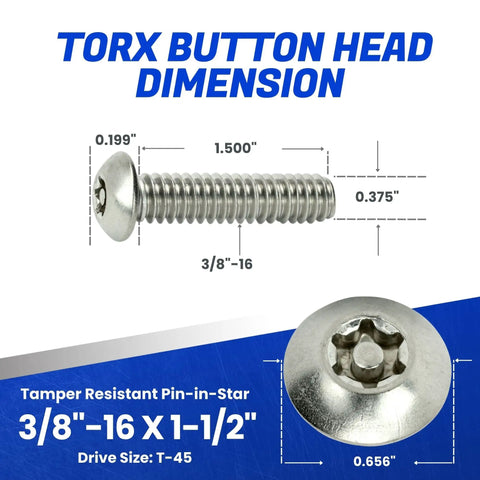 No Bull Tamper Resistant Torx Security Screws 3/8-16 X 1-1/2 Inch dimensions showing stainless steel button head detail.