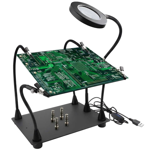Pro Grade Helping Hands Soldering Station With Five X Magnifying Lamp And Four Flexible Arms PCB Holder No Slip Base