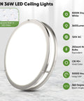 2 Pack 36W 3600LM LED Flush Mount Ceiling Lights Ultra Bright Daylight White 5000K 13 Inch Dimmable Fixtures Brushed Nickel