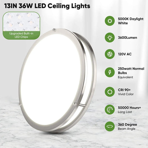 2 Pack 36W 3600LM LED Flush Mount Ceiling Lights Ultra Bright Daylight White 5000K 13 Inch Dimmable Fixtures Brushed Nickel