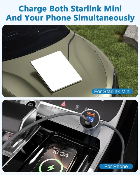 Ride Ready Starlink Mini Car Charger With 10 Feet Cigarette Lighter Cord And Live Voltmeter to charge Starlink Mini and phone.