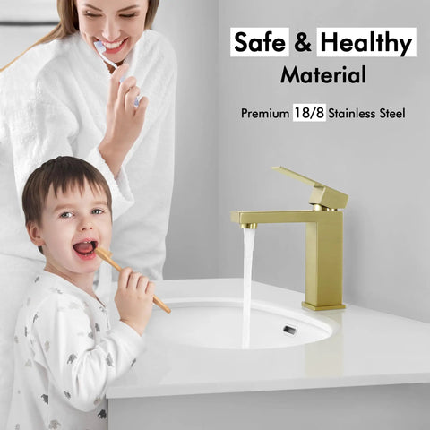 Brushed Gold Single Hole Bathroom Faucet With Modern Vanity Style, Single Handle, Stainless Steel, Lead-Free, cUPC Approved