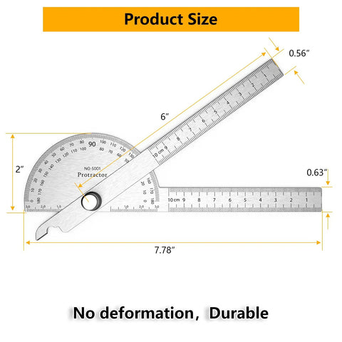 Stainless Steel Two Arm Protractor Angle Finder Ruler For Woodworking And Craftsman Projects With Handy Adjustable Thumb Nut, dimensions shown