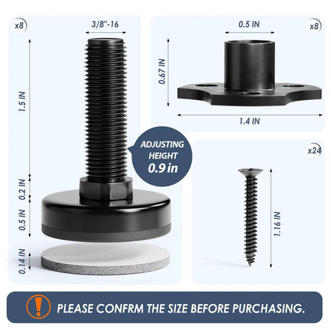 12 Pack Adjustable Leveling Feet With Large Base And T Nut Kit For Sofas Tables Cabinets And Chairs Beefy Heavy Duty Leg Levelers Support Up To 1320 Lbs Three Eighths Inch Sixteen Thread And Quarter Inch Twenty UNC, dimensions and components displayed