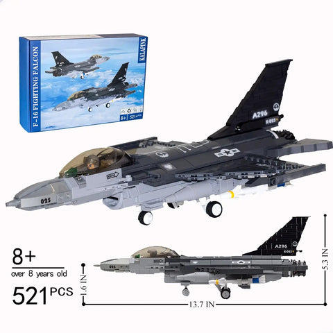F16 Fighting Falcon Fighter Jet Building Kit With Over 500 Pieces shown with box and dimensions, suitable for kids 8 plus.