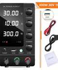 Adjustable DC Power Supply With USB And LCD Display, Regulated Variable Voltage 0 To 30V, 0 To 10A, shown with cables and manual.