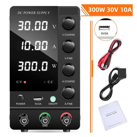 Adjustable DC Power Supply With USB And LCD Display, Regulated Variable Voltage 0 To 30V, 0 To 10A, shown with cables and manual.