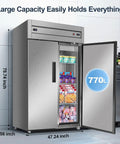 Heavy Duty Commercial Refrigerator And Freezer Combo Sleek Stainless Steel Design 770L capacity with adjustable shelves open view.