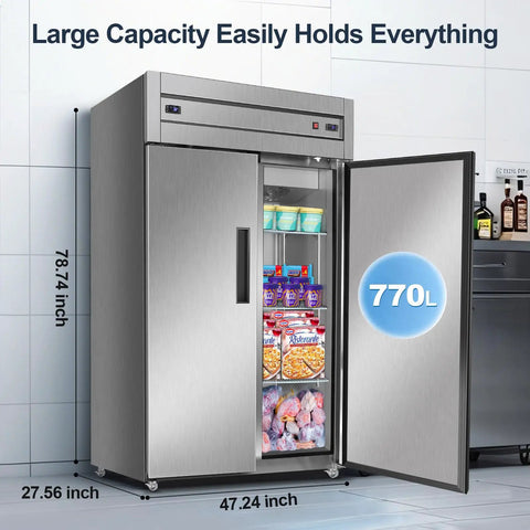 Heavy Duty Commercial Refrigerator And Freezer Combo Sleek Stainless Steel Design 770L capacity with adjustable shelves open view.