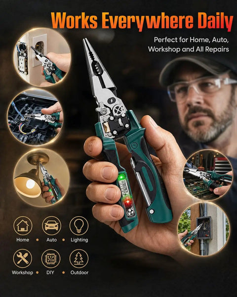 4 In 1 Wire Stripping Pliers With LCD Voltage Display, Heavy Duty Steel Workhorse Multitool For Electricians, Foldable Cable Cutter, crimping tool in hand