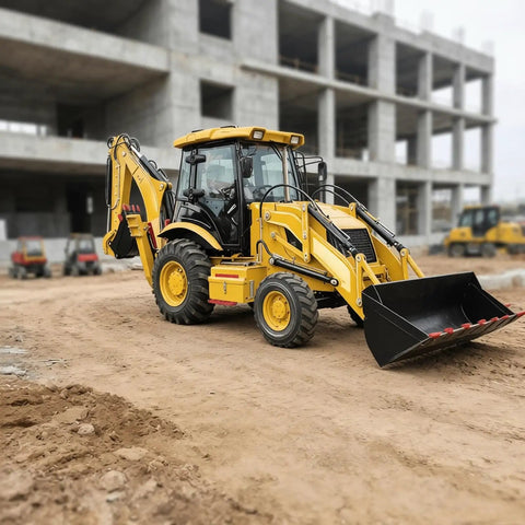 Compact 4x4 Wheel Backhoe Loader with front end loader and rear digger on construction site, ideal for farm and landscaping tasks.
