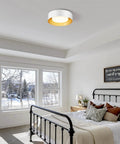 Modern Flush Mount Ceiling Light Fixture 12.5 Inch Round Close To Ceiling White And Gold Metal Minimalist Design in bedroom