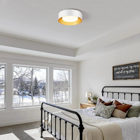 Modern Flush Mount Ceiling Light Fixture 12.5 Inch Round Close To Ceiling White And Gold Metal Minimalist Design in bedroom