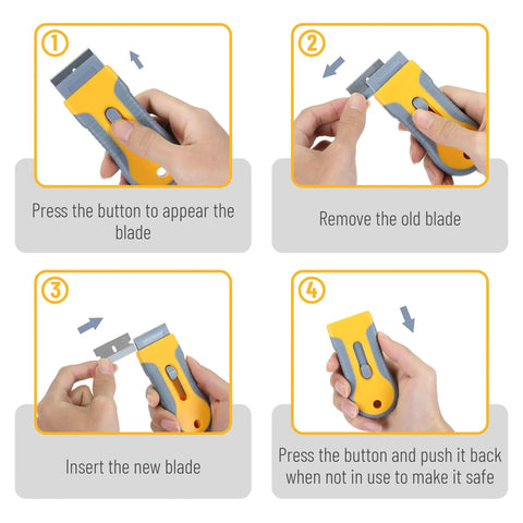 Two Pack Razor Blade Scraper Tool Set With 30 Extra Carbon Steel Blades shown in use, demonstrating blade replacement steps