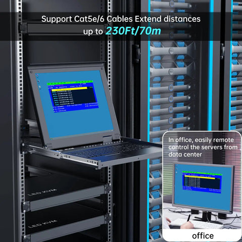 No Sweat Plug And Play Eight Port Kvm Switch With Seventeen Inch Lcd Rack Console displaying remote access interface in a server rack.