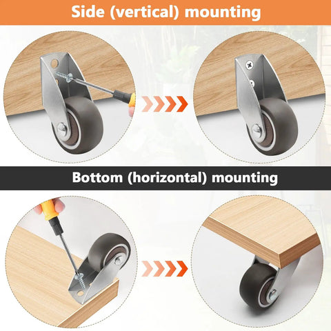 Four Pack Of One Point Five Inch Rigid Caster Wheels With Rock Hard Stainless Brackets And Smooth As Butter Rubber Tires for vertical and horizontal mounting.