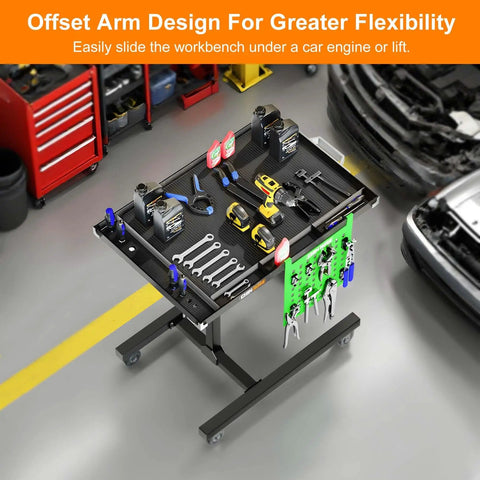 Mobile Adjustable Height Work Table On Wheels With Rolling Tray For Mechanics, Garages, Workshops, Repair Shops